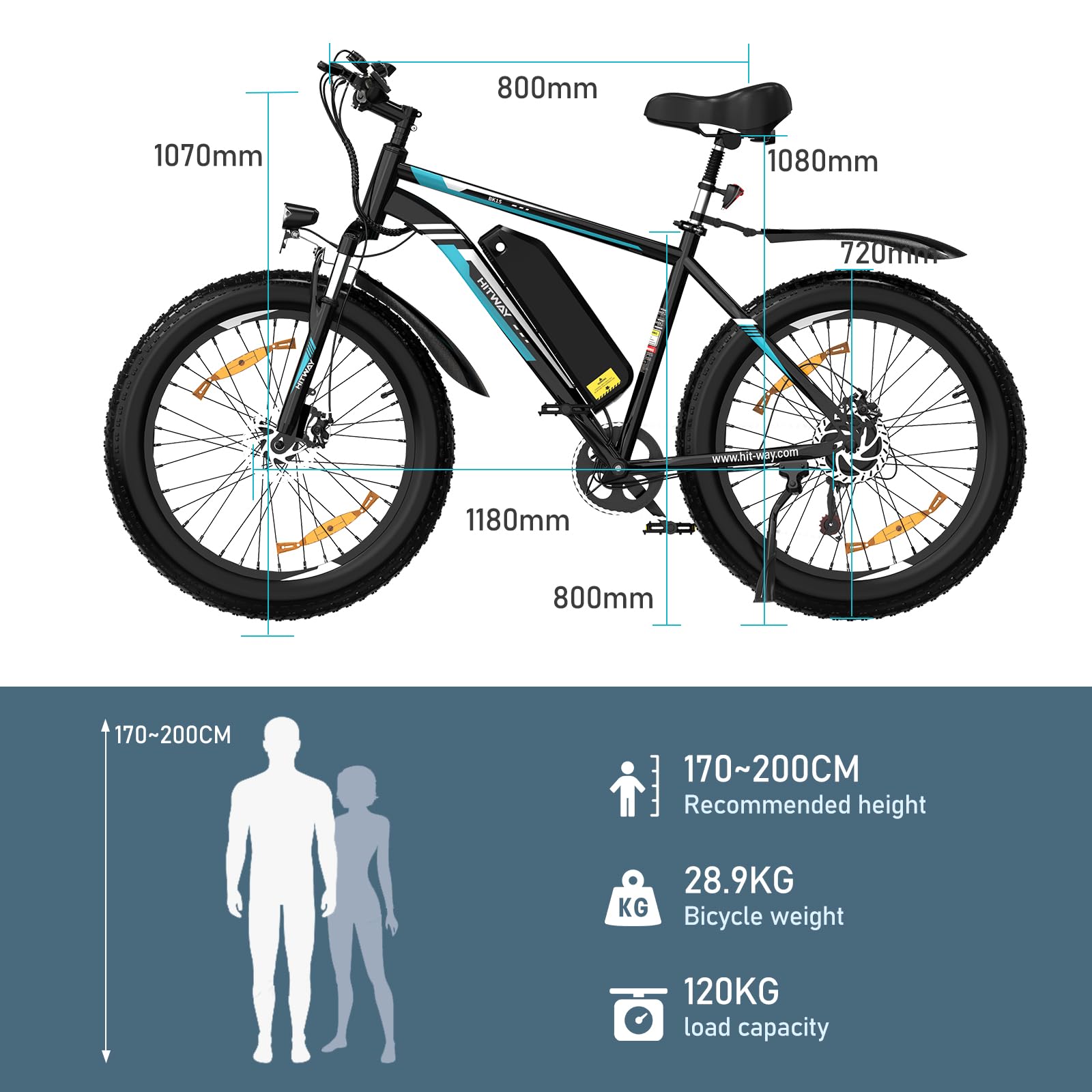 HITWAY Vélo Électrique, 26 * 3.0/4.0 Pouces VTT Électrique avec Batterie au Lithium Amovible 48V15Ah, Ville E - Bike avec 7 Vitesses, Moteur 250Wh, Autonomie 45 - 80km pour Adulte - fitnessterapy