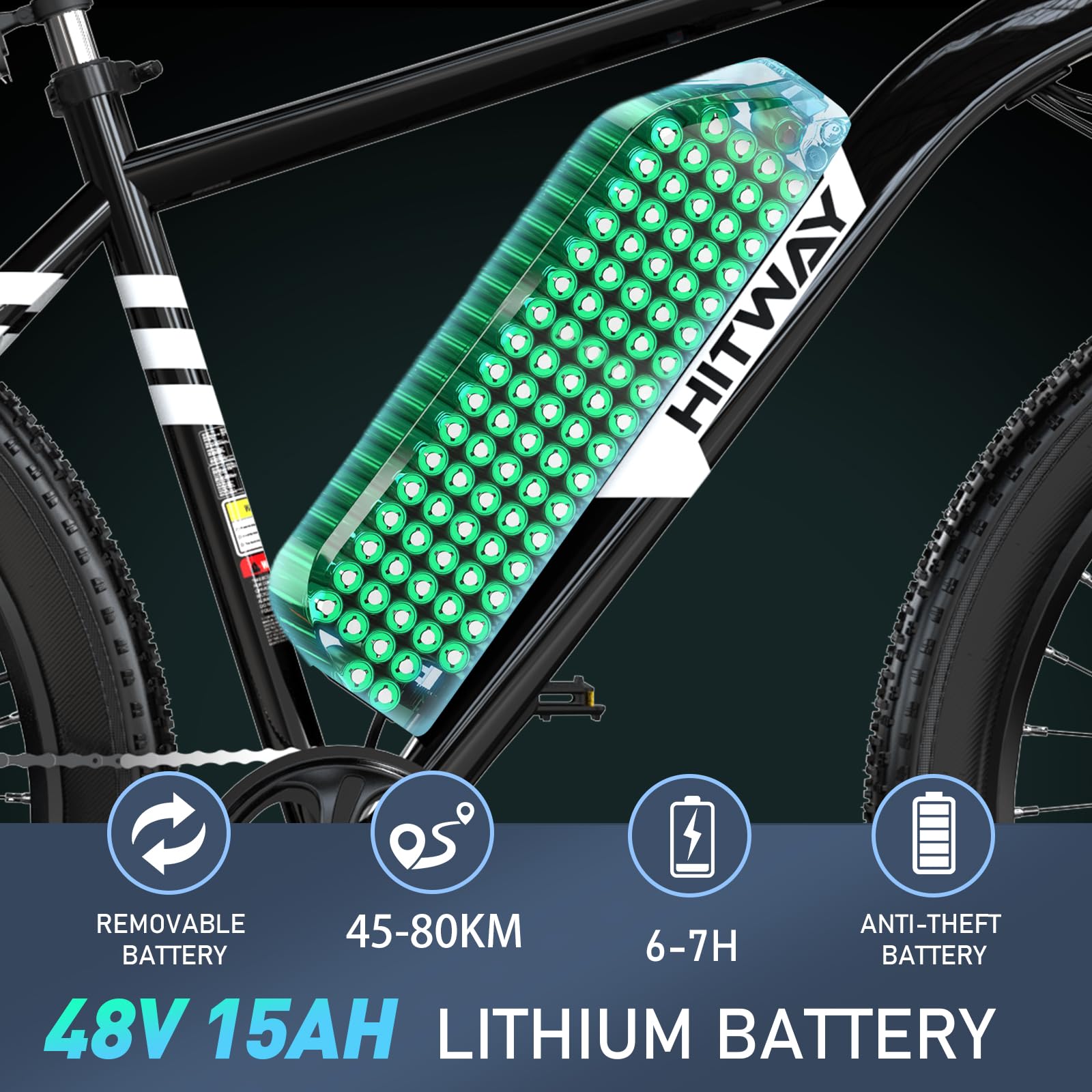 HITWAY Vélo Électrique, 26 * 3.0/4.0 Pouces VTT Électrique avec Batterie au Lithium Amovible 48V15Ah, Ville E - Bike avec 7 Vitesses, Moteur 250Wh, Autonomie 45 - 80km pour Adulte - fitnessterapy