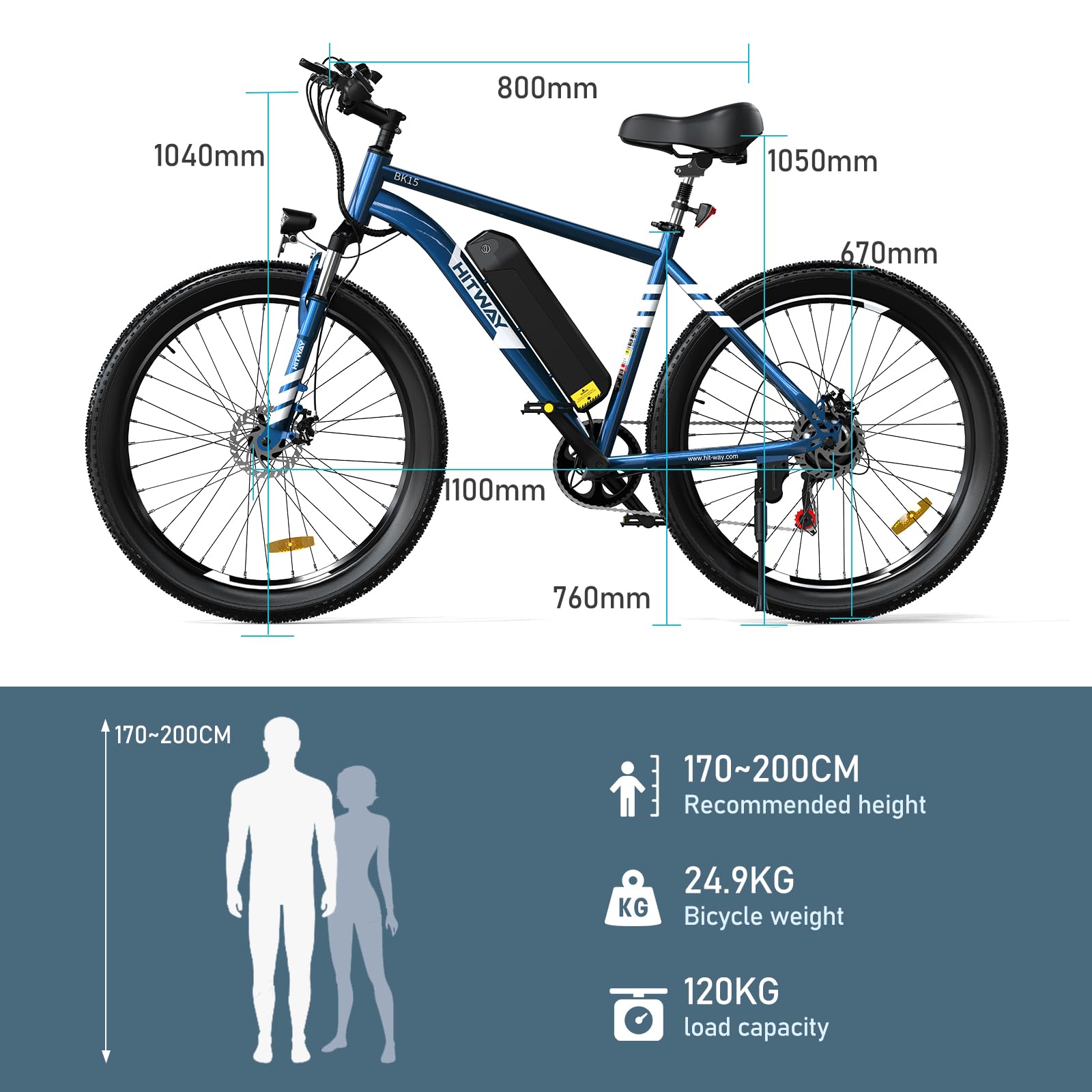 HITWAY Vélo Électrique, 26 * 3.0/4.0 Pouces VTT Électrique avec Batterie au Lithium Amovible 48V15Ah, Ville E - Bike avec 7 Vitesses, Moteur 250Wh, Autonomie 45 - 80km pour Adulte - fitnessterapy