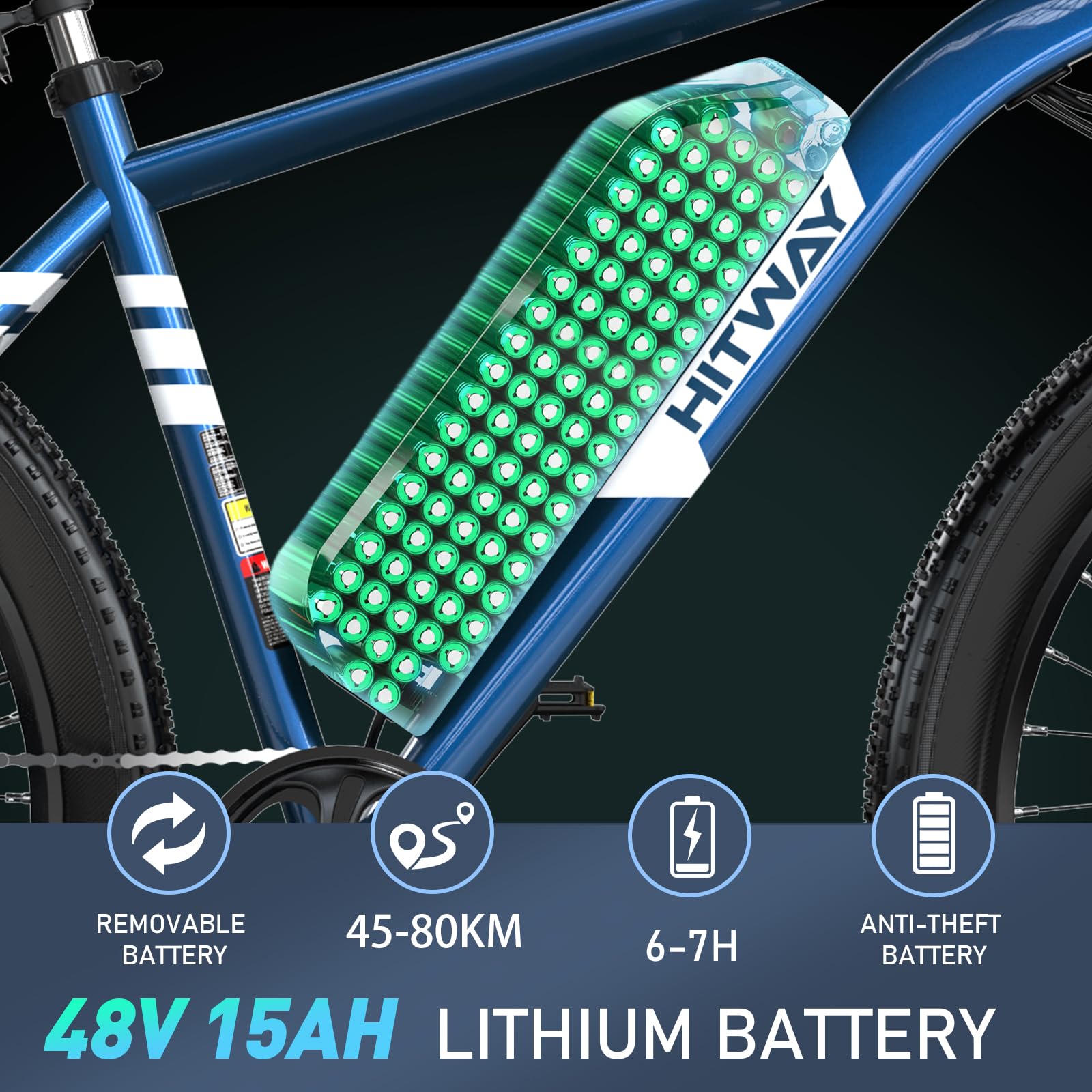 HITWAY Vélo Électrique, 26 * 3.0/4.0 Pouces VTT Électrique avec Batterie au Lithium Amovible 48V15Ah, Ville E - Bike avec 7 Vitesses, Moteur 250Wh, Autonomie 45 - 80km pour Adulte - fitnessterapy