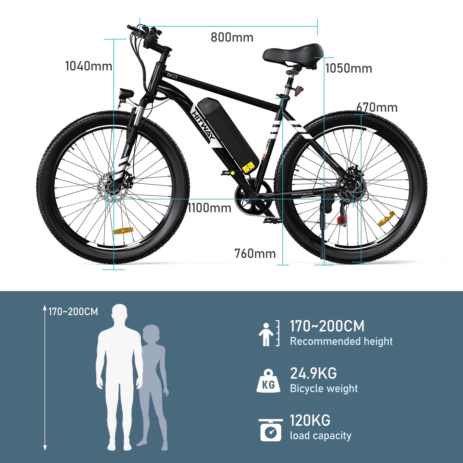 HITWAY Vélo Électrique, 26 * 3.0/4.0 Pouces VTT Électrique avec Batterie au Lithium Amovible 48V15Ah, Ville E - Bike avec 7 Vitesses, Moteur 250Wh, Autonomie 45 - 80km pour Adulte - fitnessterapy