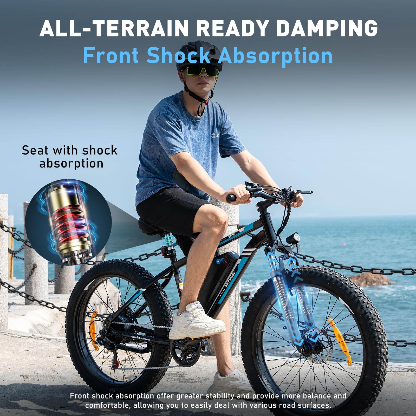 HITWAY Vélo Électrique, 26 * 3.0/4.0 Pouces VTT Électrique avec Batterie au Lithium Amovible 48V15Ah, Ville E - Bike avec 7 Vitesses, Moteur 250Wh, Autonomie 45 - 80km pour Adulte - fitnessterapy