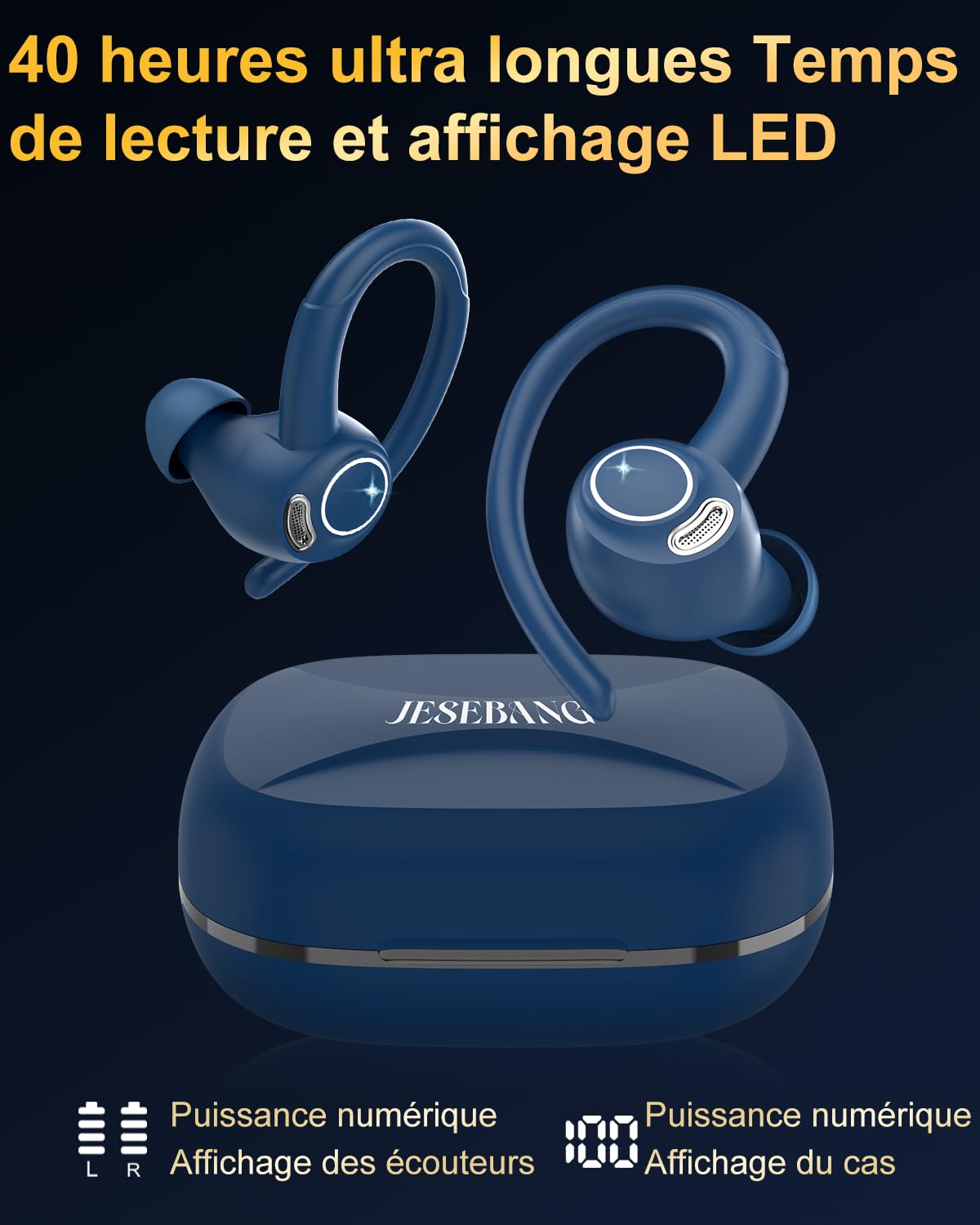 Jesebang Ecouteurs Bluetooth sans Fil Sport, 2024 Écouteur Bluetooth 5.3 HiFi Stéréo, Ecouteurs sans Fil avec ENC Mic, Oreillette Bluetooth Running IP7 Étanche, 40H Casque Bluetooth Écran LED, Noir - fitnessterapy