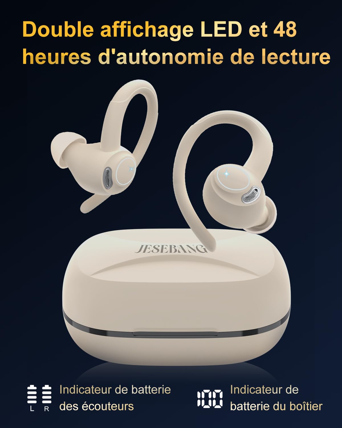 Jesebang Ecouteurs Bluetooth sans Fil Sport, 2024 Écouteur Bluetooth 5.3 HiFi Stéréo, Ecouteurs sans Fil avec ENC Mic, Oreillette Bluetooth Running IP7 Étanche, 40H Casque Bluetooth Écran LED, Noir - fitnessterapy
