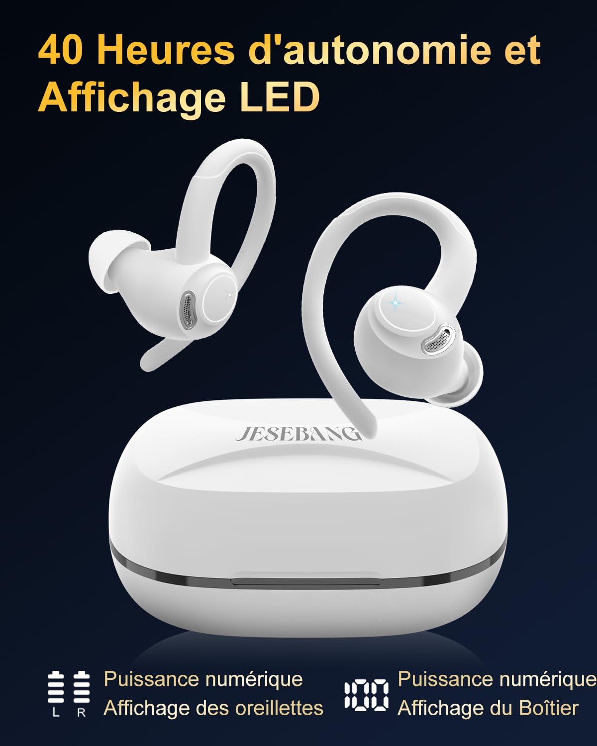 Jesebang Ecouteurs Bluetooth sans Fil Sport, 2024 Écouteur Bluetooth 5.3 HiFi Stéréo, Ecouteurs sans Fil avec ENC Mic, Oreillette Bluetooth Running IP7 Étanche, 40H Casque Bluetooth Écran LED, Noir - fitnessterapy