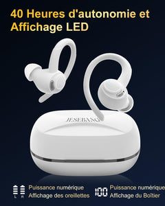 Jesebang Ecouteurs Bluetooth sans Fil Sport, 2024 Écouteur Bluetooth 5.3 HiFi Stéréo, Ecouteurs sans Fil avec ENC Mic, Oreillette Bluetooth Running IP7 Étanche, 40H Casque Bluetooth Écran LED, Noir - fitnessterapy