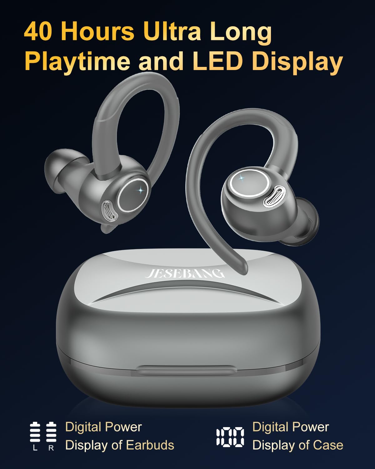 Jesebang Ecouteurs Bluetooth sans Fil Sport, 2024 Écouteur Bluetooth 5.3 HiFi Stéréo, Ecouteurs sans Fil avec ENC Mic, Oreillette Bluetooth Running IP7 Étanche, 40H Casque Bluetooth Écran LED, Noir - fitnessterapy