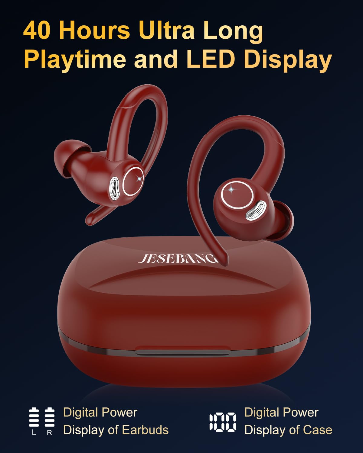 Jesebang Ecouteurs Bluetooth sans Fil Sport, 2024 Écouteur Bluetooth 5.3 HiFi Stéréo, Ecouteurs sans Fil avec ENC Mic, Oreillette Bluetooth Running IP7 Étanche, 40H Casque Bluetooth Écran LED, Noir - fitnessterapy