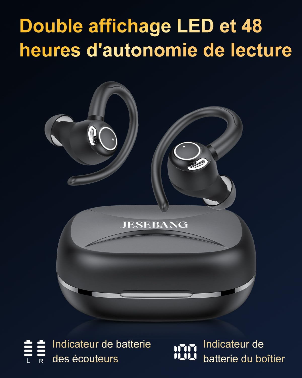 Jesebang Ecouteurs Bluetooth sans Fil Sport, 2024 Écouteur Bluetooth 5.3 HiFi Stéréo, Ecouteurs sans Fil avec ENC Mic, Oreillette Bluetooth Running IP7 Étanche, 40H Casque Bluetooth Écran LED, Noir - fitnessterapy