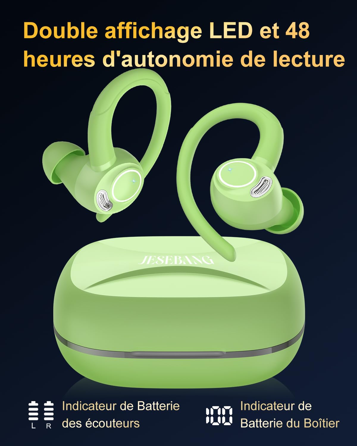 Jesebang Ecouteurs Bluetooth sans Fil Sport, 2024 Écouteur Bluetooth 5.3 HiFi Stéréo, Ecouteurs sans Fil avec ENC Mic, Oreillette Bluetooth Running IP7 Étanche, 40H Casque Bluetooth Écran LED, Noir - fitnessterapy