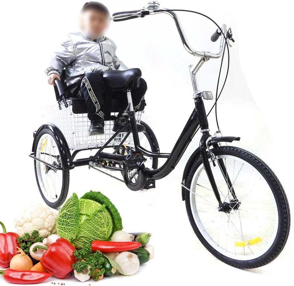 JINPRDAMZ Nouveau tricycle pour adulte de 20 pouces avec siège enfant avec panier à provisions avec siège arrière, tricycle, vélo cargo, convient pour les personnes de 61 à 67 pouces avec un poids de - fitnessterapy