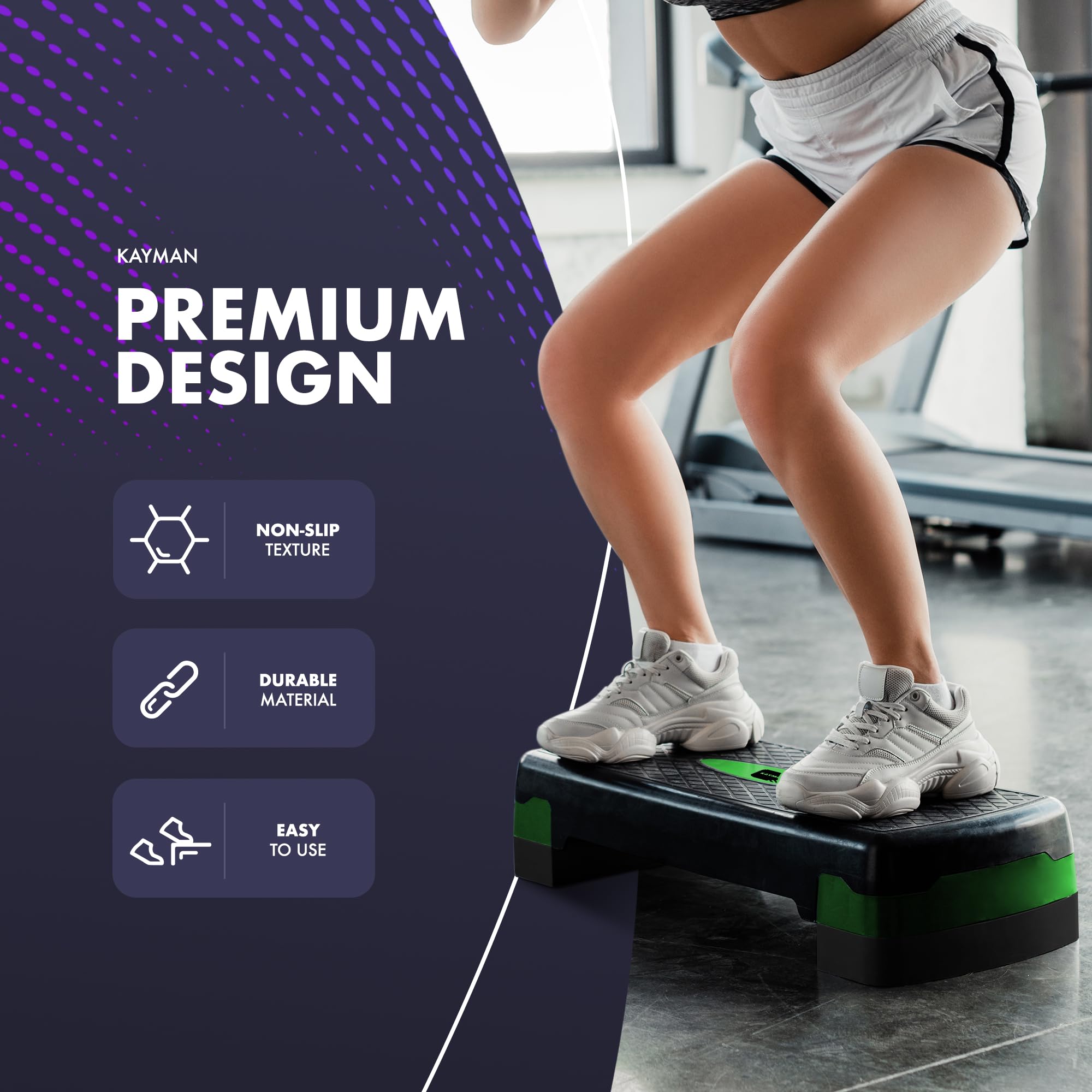 KAYMAN Stepper d'exercice – Stepper de fitness pour la maison et la salle de sport, adapté pour l'aérobic, le cardio, les poids, le yoga, l'entraînement DVD – 2 niveaux de hauteur réglables (10,15 cm) - fitnessterapy