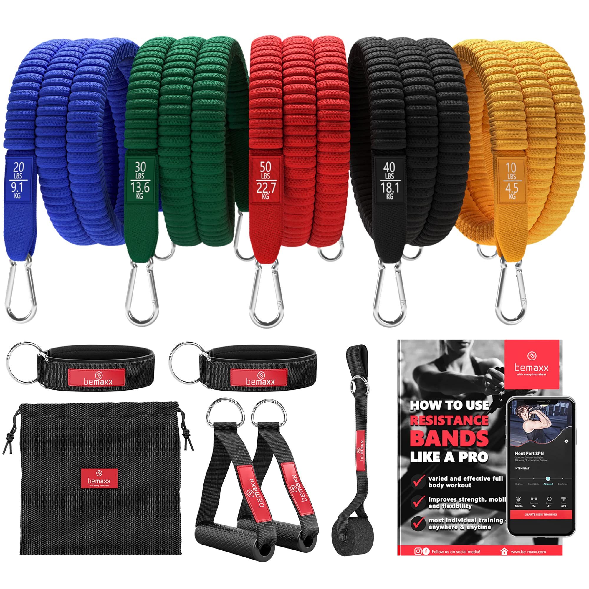 Kit Élastique Musculation Fitness + Guide Exercices, 5X Bandes de Résistance Tubes Professionnels + Poignées, Ancre de Porte, Sangles Pied | Entraînement Tractions Bras Jambes Haltere, Femme Homme - fitnessterapy