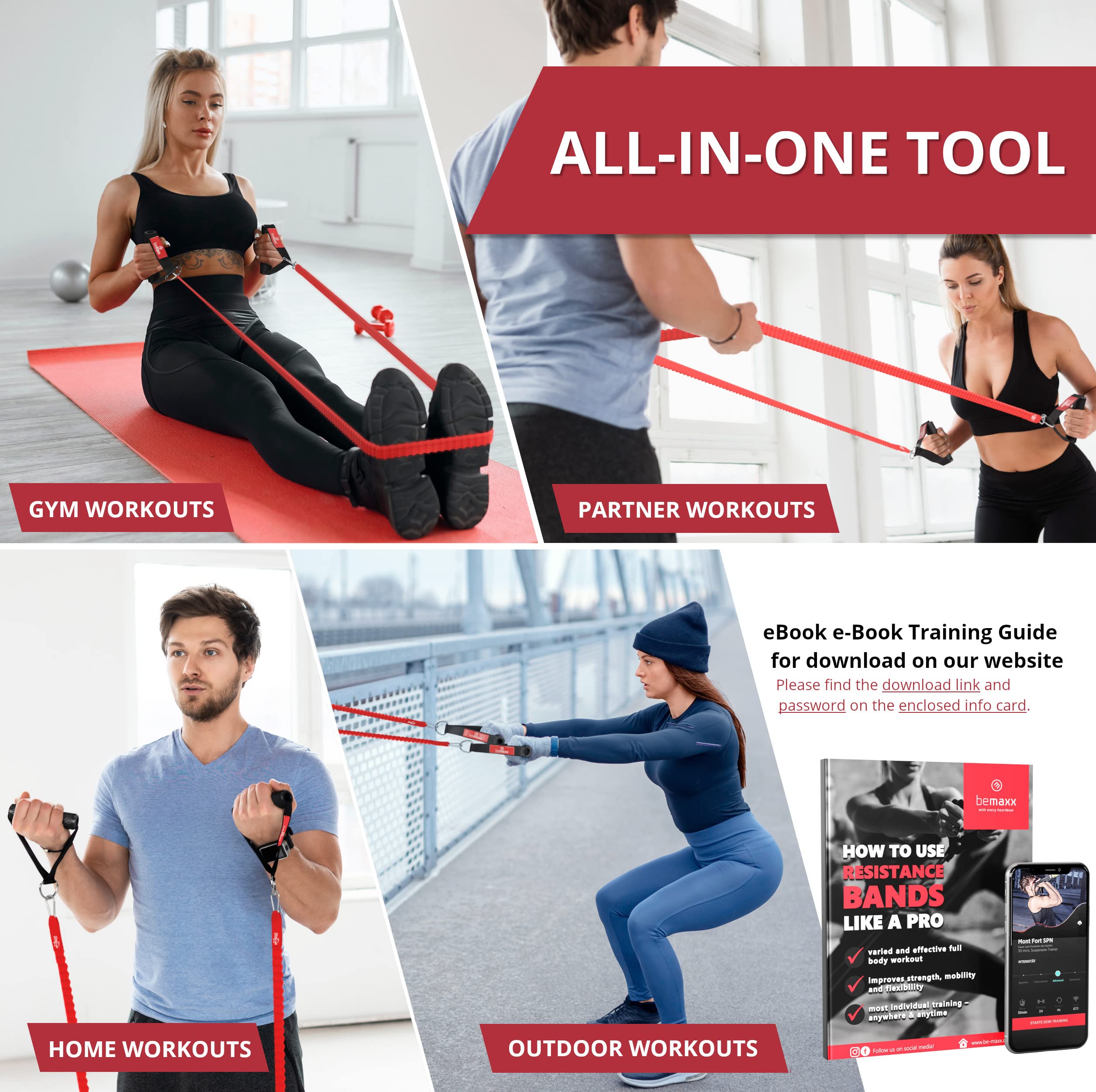 Kit Élastique Musculation Fitness + Guide Exercices, 5X Bandes de Résistance Tubes Professionnels + Poignées, Ancre de Porte, Sangles Pied | Entraînement Tractions Bras Jambes Haltere, Femme Homme - fitnessterapy