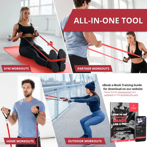 Kit Élastique Musculation Fitness + Guide Exercices, 5X Bandes de Résistance Tubes Professionnels + Poignées, Ancre de Porte, Sangles Pied | Entraînement Tractions Bras Jambes Haltere, Femme Homme - fitnessterapy