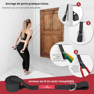 Kit Élastique Musculation Fitness + Guide Exercices, 5X Bandes de Résistance Tubes Professionnels + Poignées, Ancre de Porte, Sangles Pied | Entraînement Tractions Bras Jambes Haltere, Femme Homme - fitnessterapy