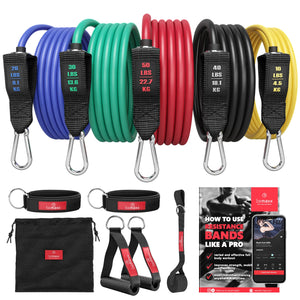 Kit Élastique Musculation Fitness + Guide Exercices, 5X Bandes de Résistance Tubes Professionnels + Poignées, Ancre de Porte, Sangles Pied | Entraînement Tractions Bras Jambes Haltere, Femme Homme - fitnessterapy