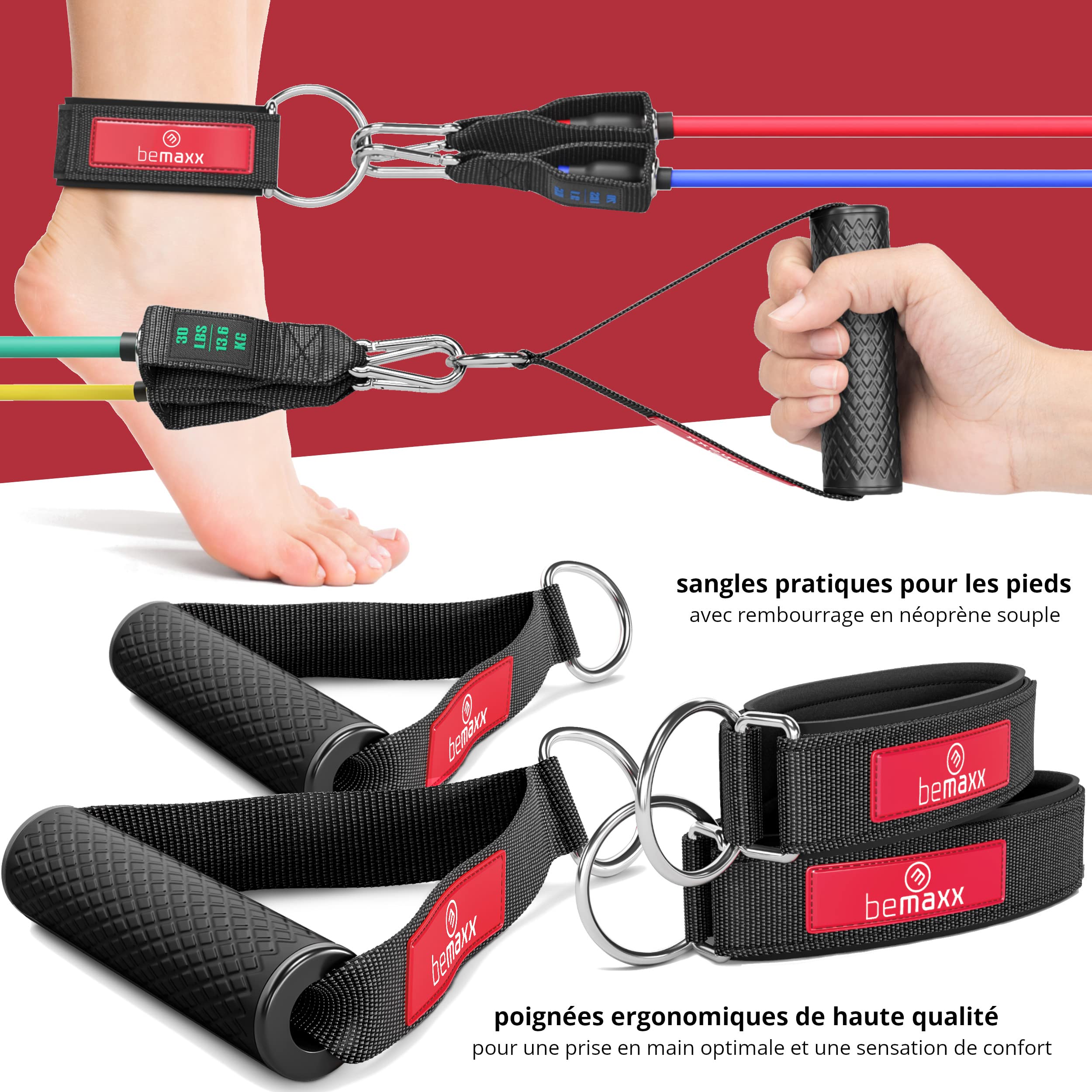 Kit Élastique Musculation Fitness + Guide Exercices, 5X Bandes de Résistance Tubes Professionnels + Poignées, Ancre de Porte, Sangles Pied | Entraînement Tractions Bras Jambes Haltere, Femme Homme - fitnessterapy