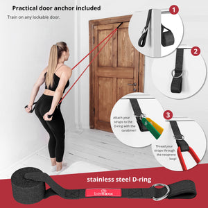 Kit Élastique Musculation Fitness + Guide Exercices, 5X Bandes de Résistance Tubes Professionnels + Poignées, Ancre de Porte, Sangles Pied | Entraînement Tractions Bras Jambes Haltere, Femme Homme - fitnessterapy