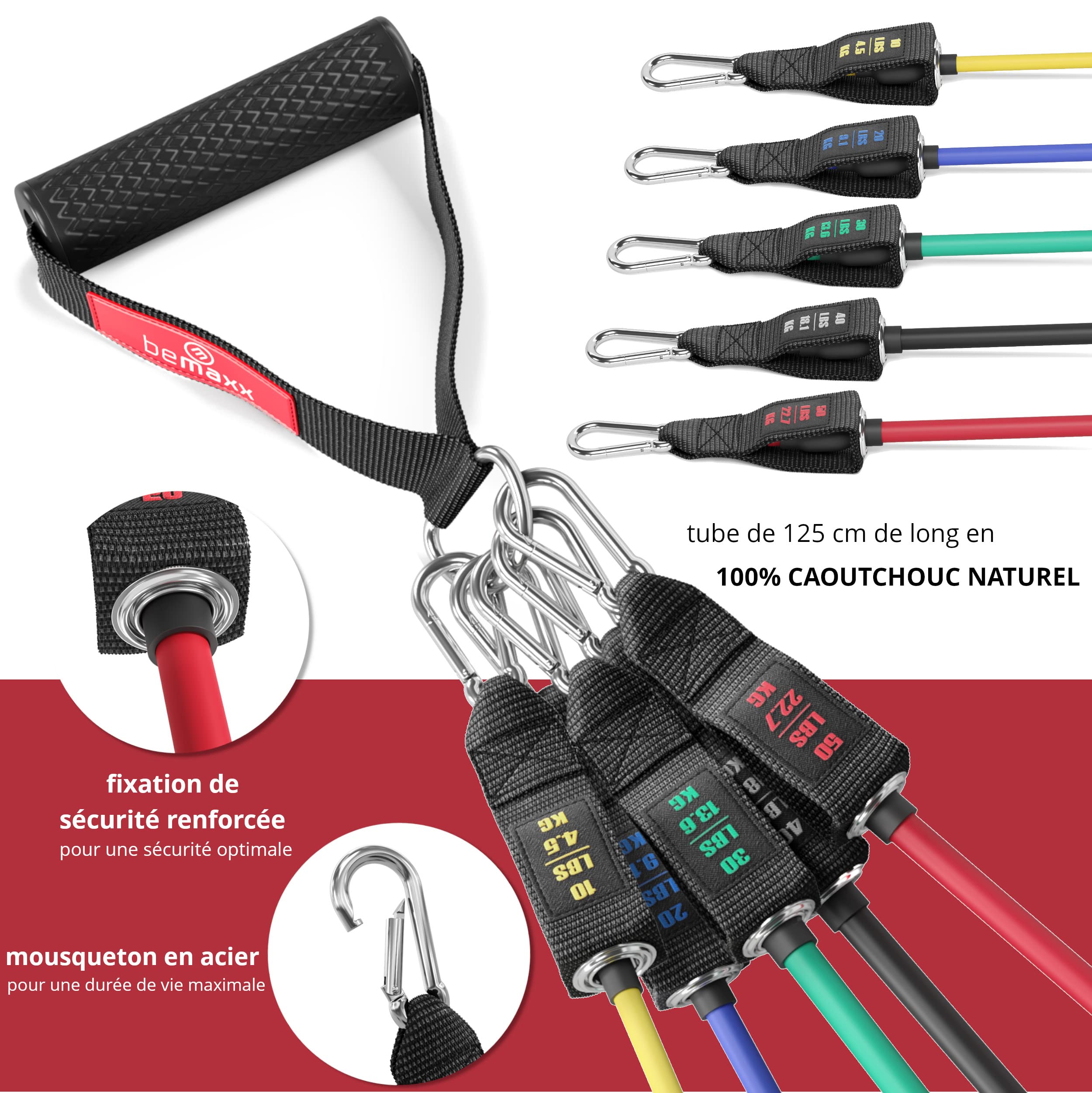 Kit Élastique Musculation Fitness + Guide Exercices, 5X Bandes de Résistance Tubes Professionnels + Poignées, Ancre de Porte, Sangles Pied | Entraînement Tractions Bras Jambes Haltere, Femme Homme - fitnessterapy