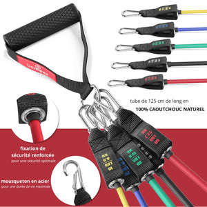 Kit Élastique Musculation Fitness + Guide Exercices, 5X Bandes de Résistance Tubes Professionnels + Poignées, Ancre de Porte, Sangles Pied | Entraînement Tractions Bras Jambes Haltere, Femme Homme - fitnessterapy