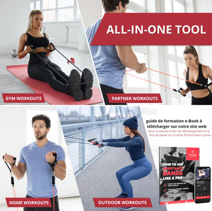Kit Élastique Musculation Fitness + Guide Exercices, 5X Bandes de Résistance Tubes Professionnels + Poignées, Ancre de Porte, Sangles Pied | Entraînement Tractions Bras Jambes Haltere, Femme Homme - fitnessterapy