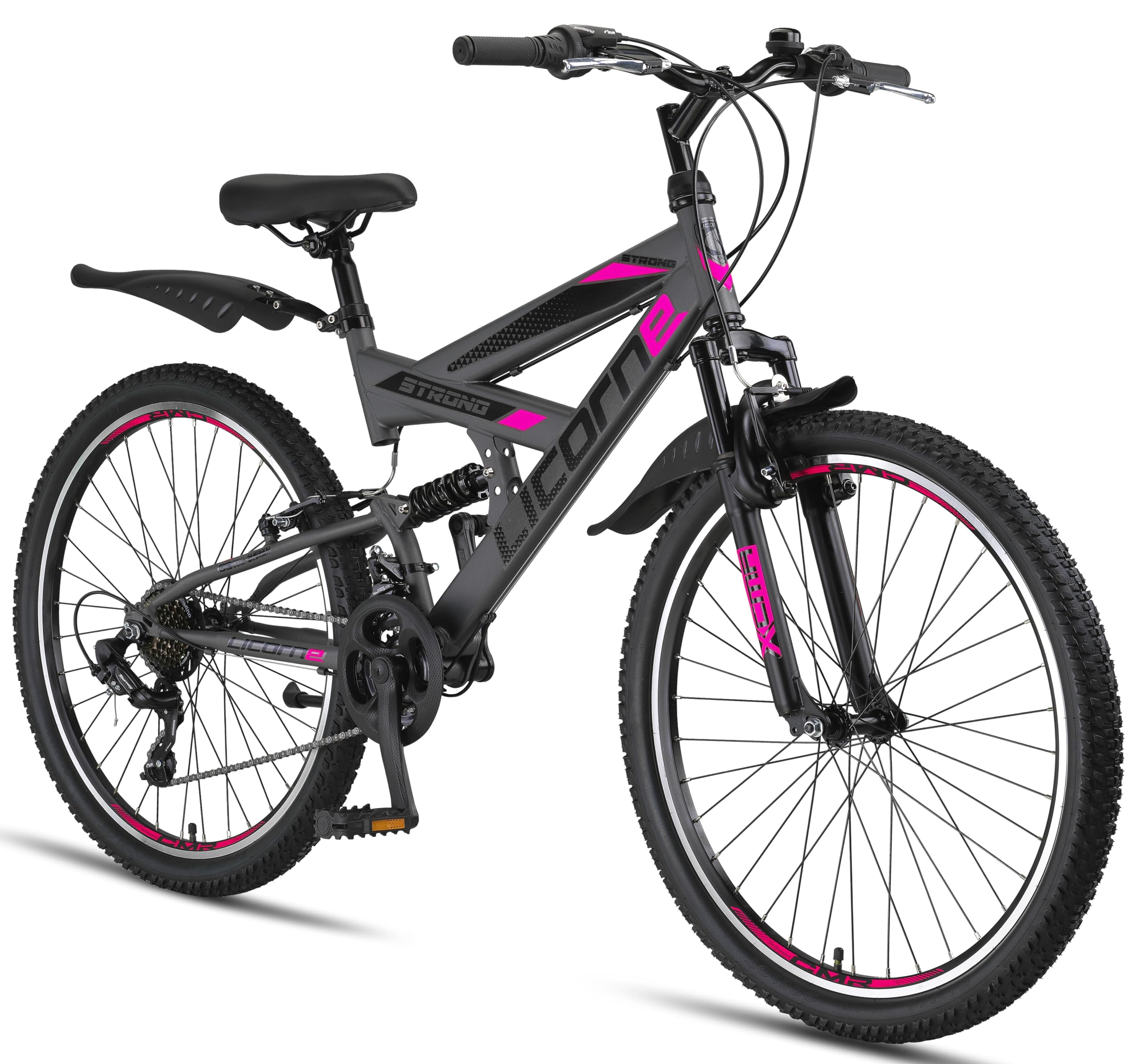 Licorne Bike VTT en V de qualité supérieure de 24 et 26 pouces - Vélo pour garçons, filles, femmes et hommes - 21 vitesses - Suspension complète - fitnessterapy