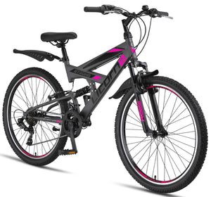 Licorne Bike VTT en V de qualité supérieure de 24 et 26 pouces - Vélo pour garçons, filles, femmes et hommes - 21 vitesses - Suspension complète - fitnessterapy