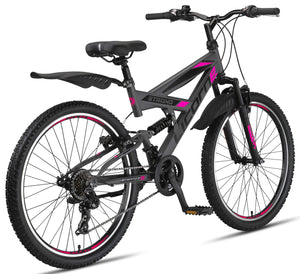 Licorne Bike VTT en V de qualité supérieure de 24 et 26 pouces - Vélo pour garçons, filles, femmes et hommes - 21 vitesses - Suspension complète - fitnessterapy