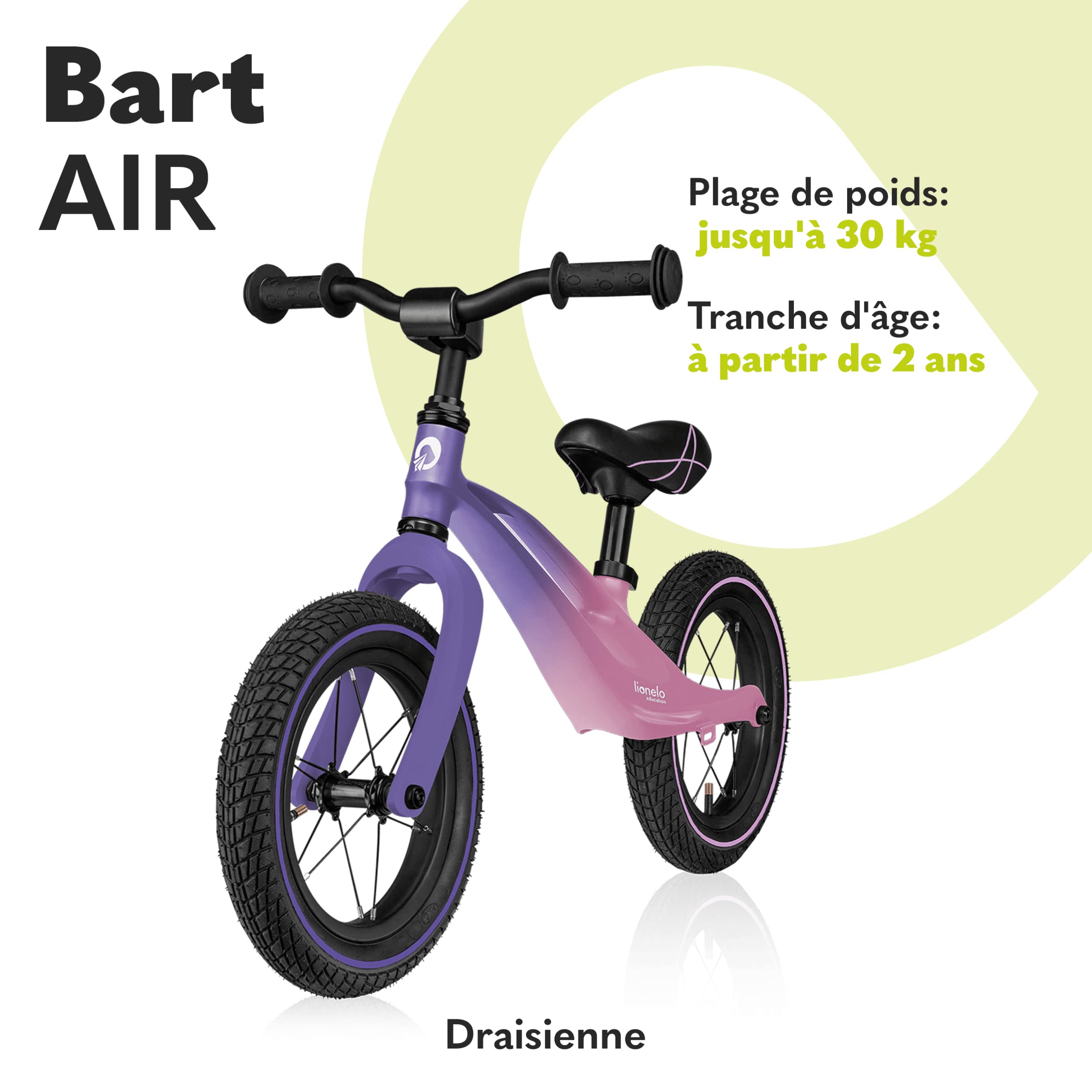 lionelo Bart Air Draisienne Vélo d'équilibre Cadre léger sans soudures, de 2 Ans jusqu'à 30 kg Roues gonflées Guidon et Selles réglables en Hauteur Poids 3,8 kg (Green Forest) - fitnessterapy