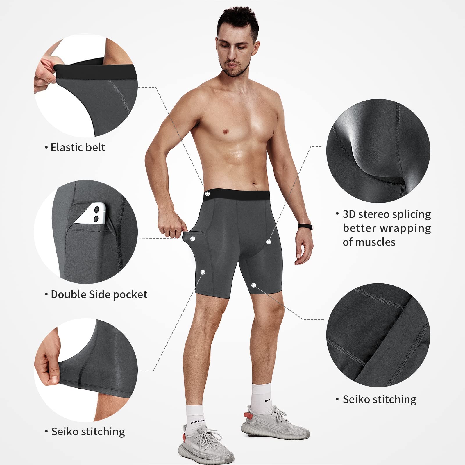 Niksa Lot de 3 Shorts de Compression pour Hommes Short de Compression à Séchage Rapide et Respirant Short de Sport Ajusté avec Poches pour Téléphone Portable Short de Course Basique pour Le Cyclisme - fitnessterapy