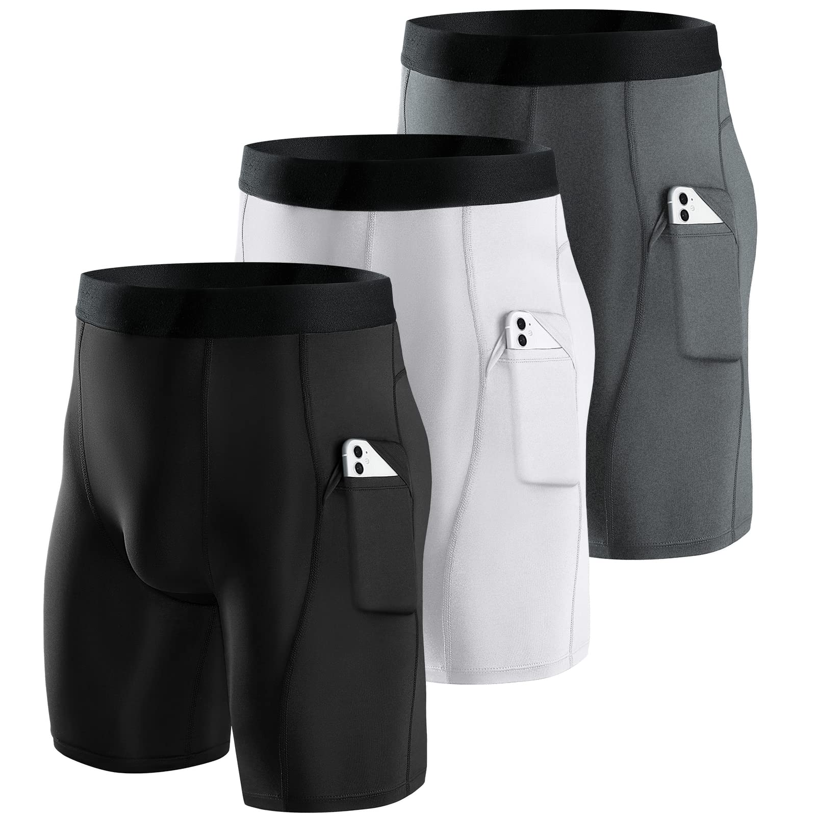 Niksa Lot de 3 Shorts de Compression pour Hommes Short de Compression à Séchage Rapide et Respirant Short de Sport Ajusté avec Poches pour Téléphone Portable Short de Course Basique pour Le Cyclisme - fitnessterapy