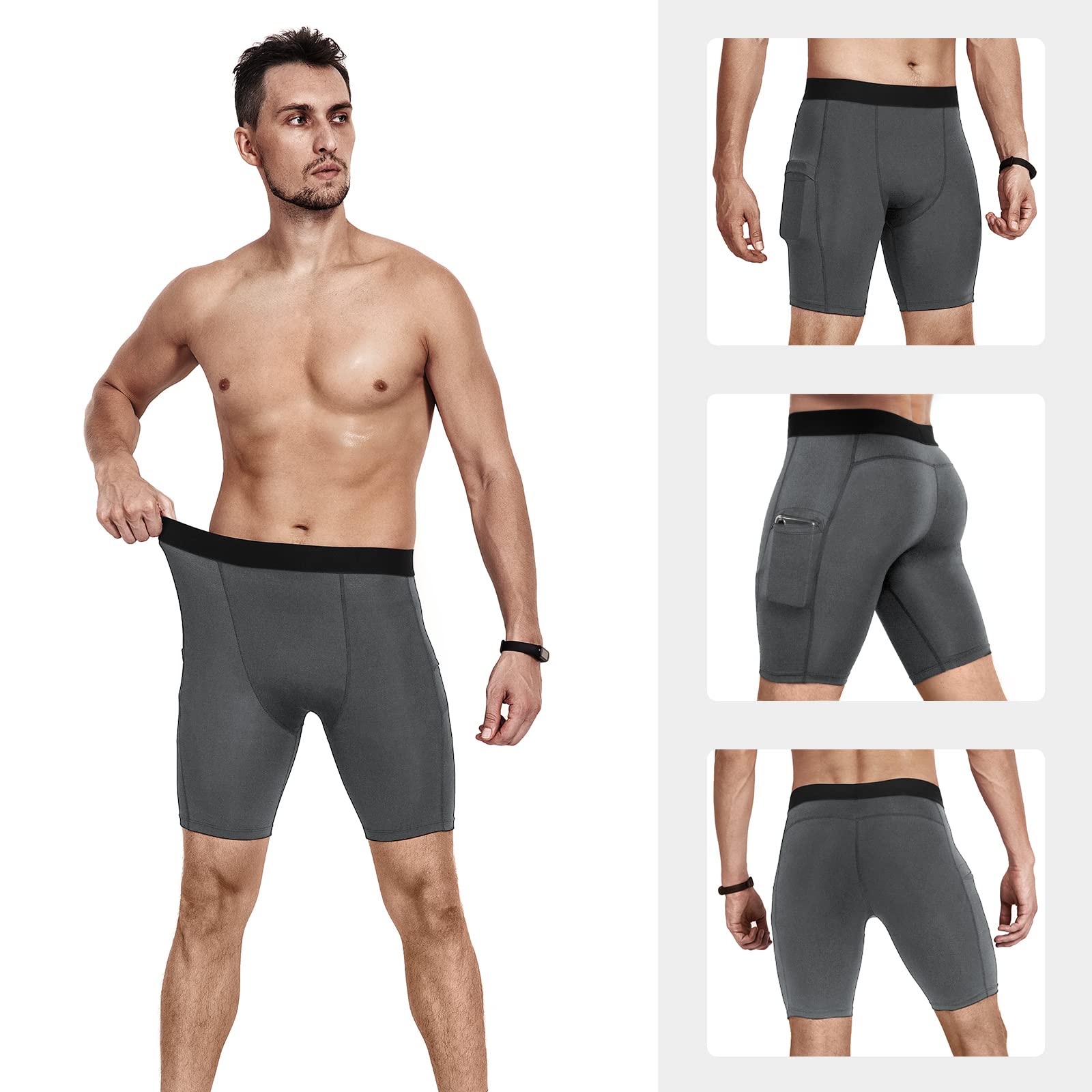 Niksa Lot de 3 Shorts de Compression pour Hommes Short de Compression à Séchage Rapide et Respirant Short de Sport Ajusté avec Poches pour Téléphone Portable Short de Course Basique pour Le Cyclisme - fitnessterapy