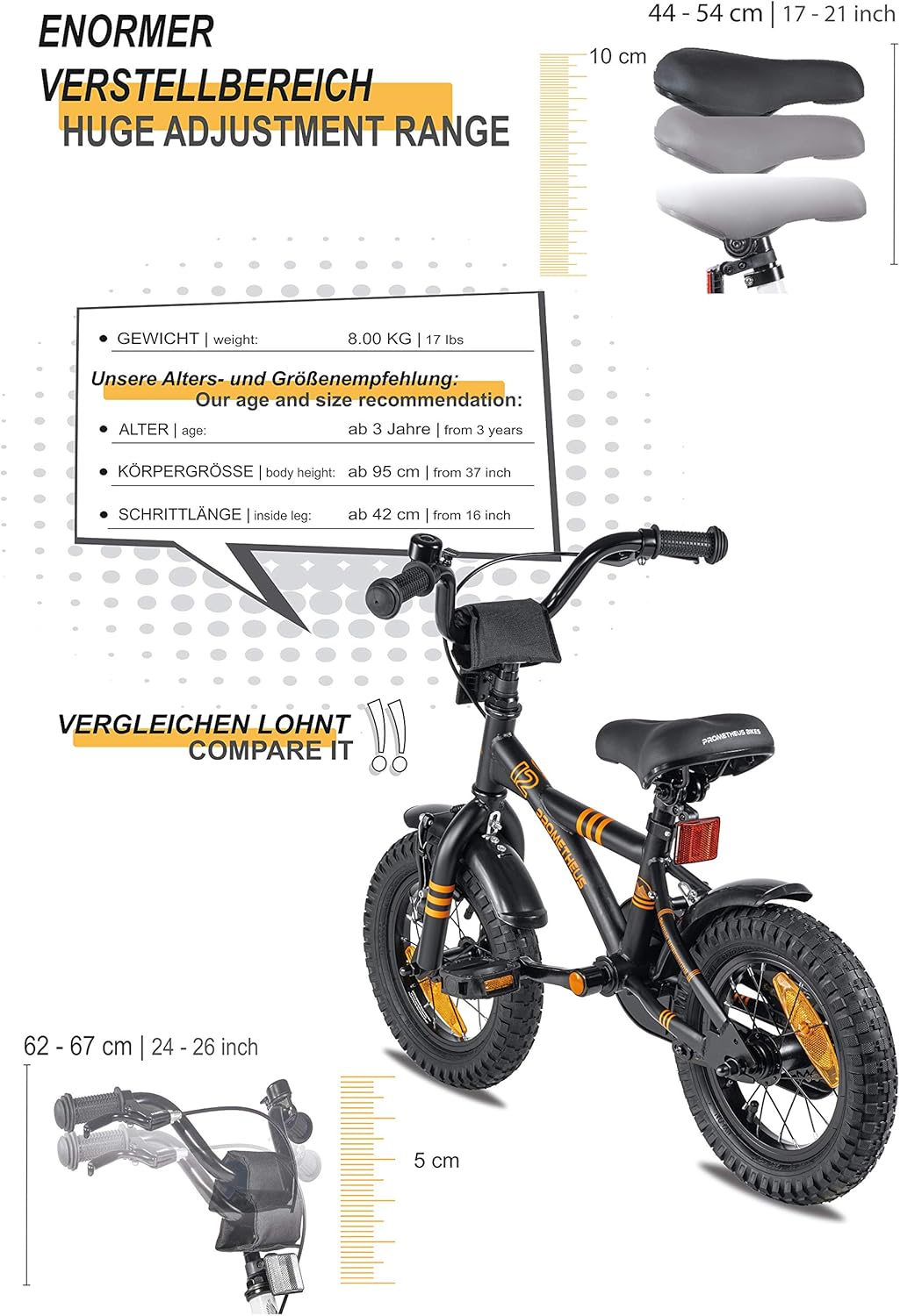 PROMETHEUS BICYCLES Velo Enfant 3 Ans Garcon vélo Fille 12 Pouces a Roulette pour 3 a 5 Ans - BMX en Noir Mat Orange - fitnessterapy