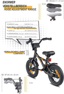 PROMETHEUS BICYCLES Velo Enfant 3 Ans Garcon vélo Fille 12 Pouces a Roulette pour 3 a 5 Ans - BMX en Noir Mat Orange - fitnessterapy