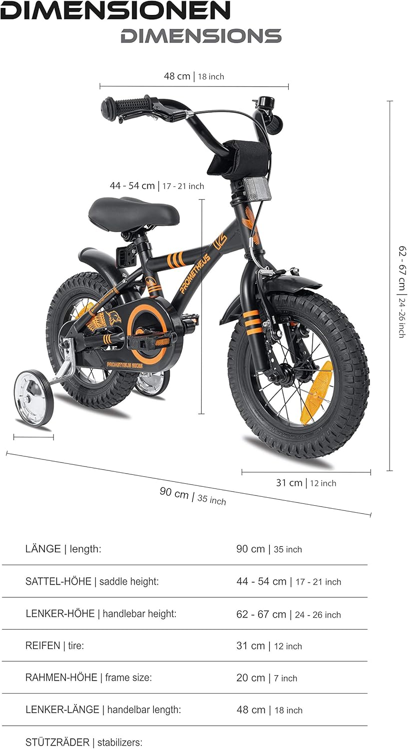 PROMETHEUS BICYCLES Velo Enfant 3 Ans Garcon vélo Fille 12 Pouces a Roulette pour 3 a 5 Ans - BMX en Noir Mat Orange - fitnessterapy