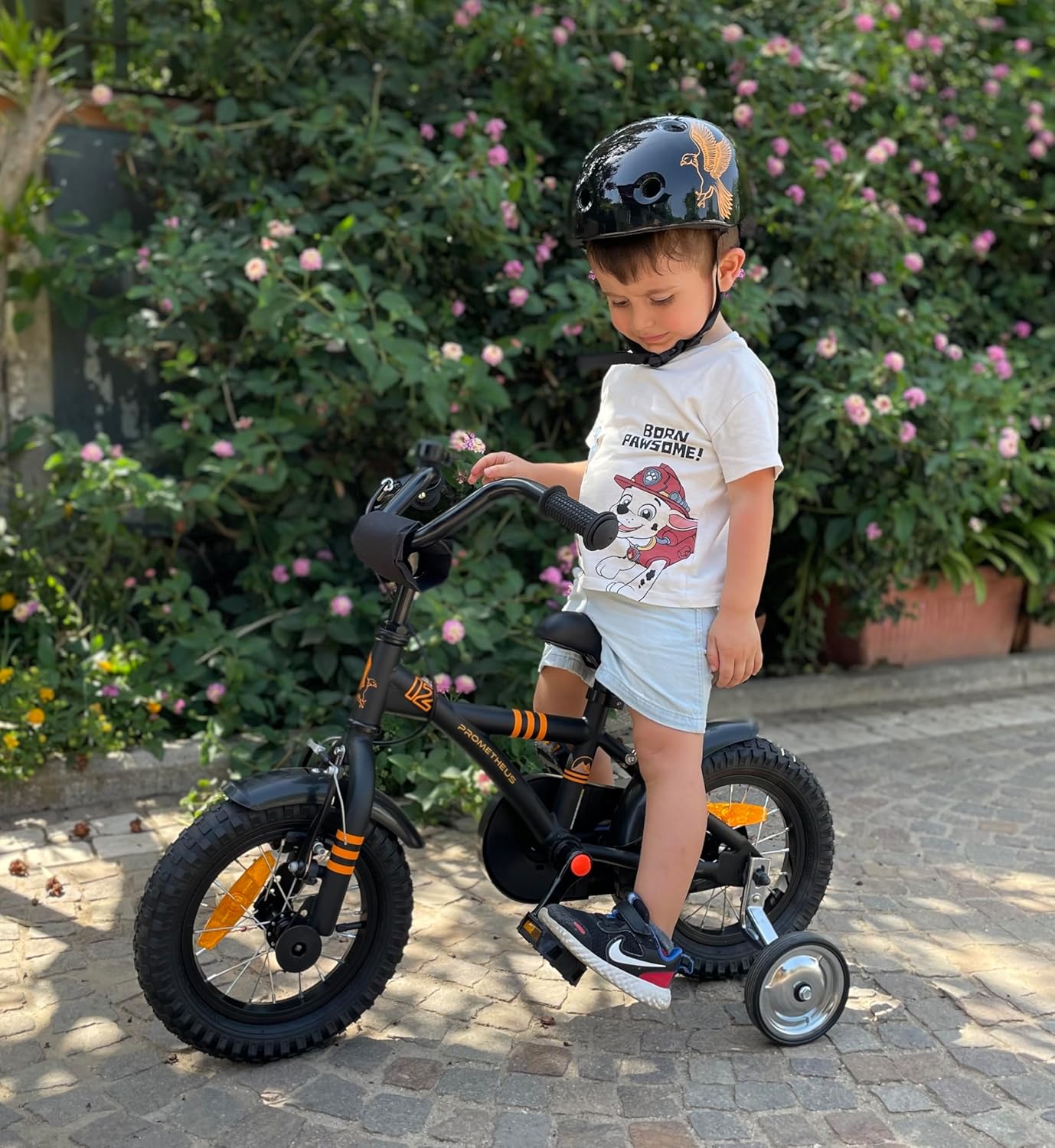PROMETHEUS BICYCLES Velo Enfant 3 Ans Garcon vélo Fille 12 Pouces a Roulette pour 3 a 5 Ans - BMX en Noir Mat Orange - fitnessterapy