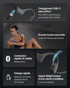 SHOKZ OpenRun Casque à Conduction osseuse, écouteurs Bluetooth Oreilles Libres pour Le Sport avec Micro, Casque sans Fil étanche IP67, 8 Heures d'autonomie, USB - C, Bandeau de Sport, Noir - fitnessterapy