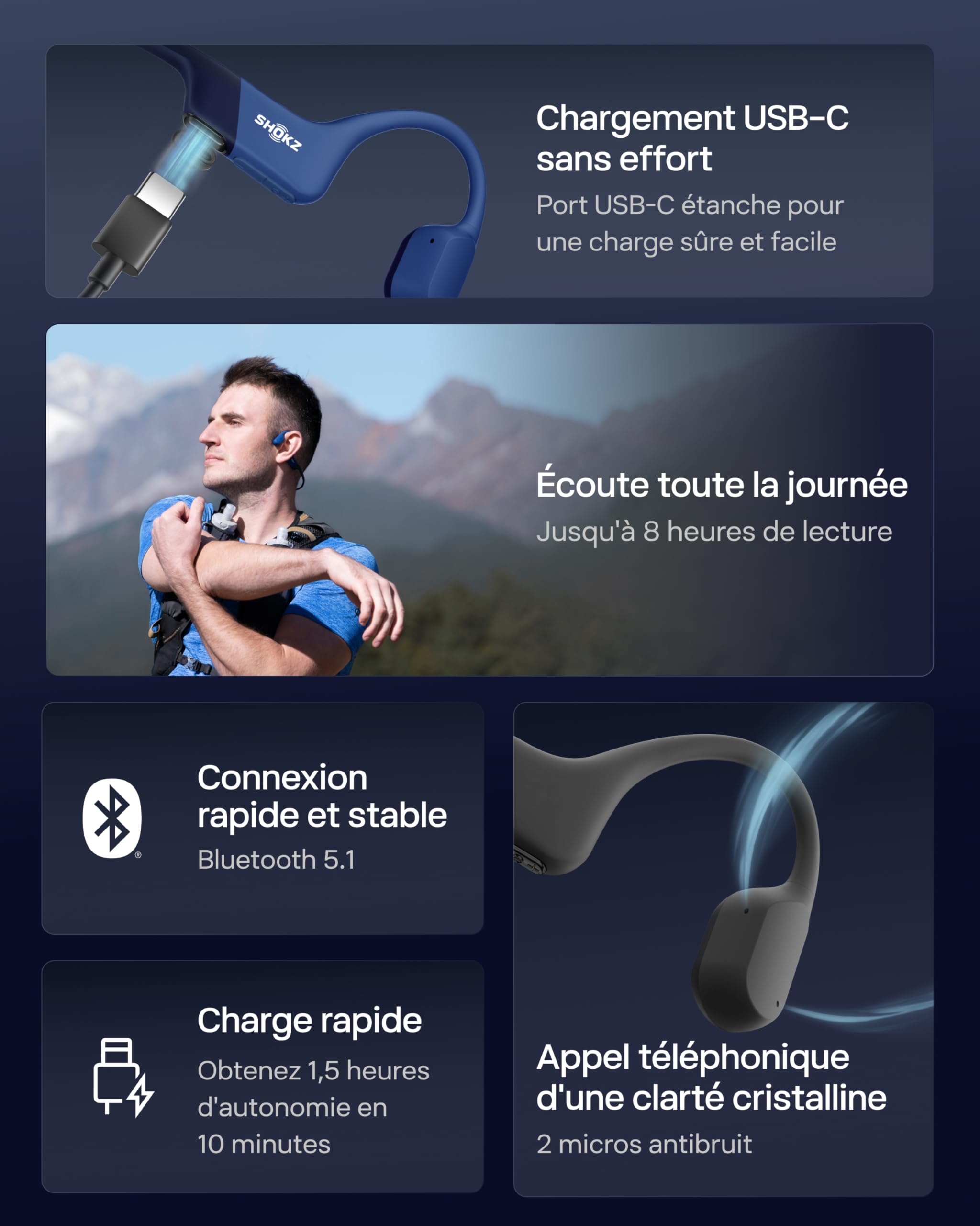 SHOKZ OpenRun Casque à Conduction osseuse, écouteurs Bluetooth Oreilles Libres pour Le Sport avec Micro, Casque sans Fil étanche IP67, 8 Heures d'autonomie, USB - C, Bandeau de Sport, Noir - fitnessterapy