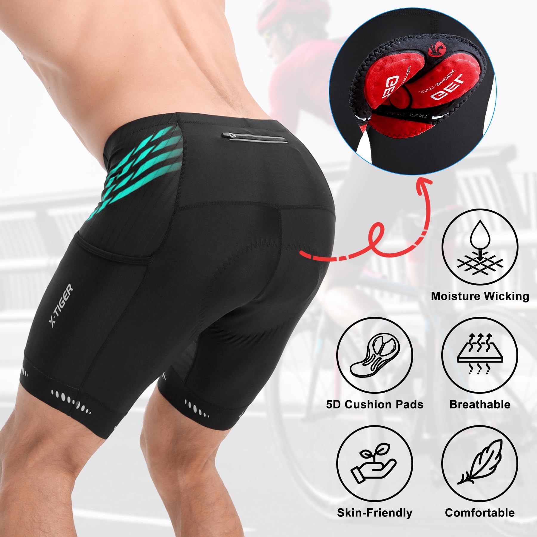 X - TIGER Short Cycliste Homme avec 3 Poches Short VTT Cyclisme Shorts Velo avec Sweat Absorbent Volatility Fast Drying Padded 5D Gel - fitnessterapy