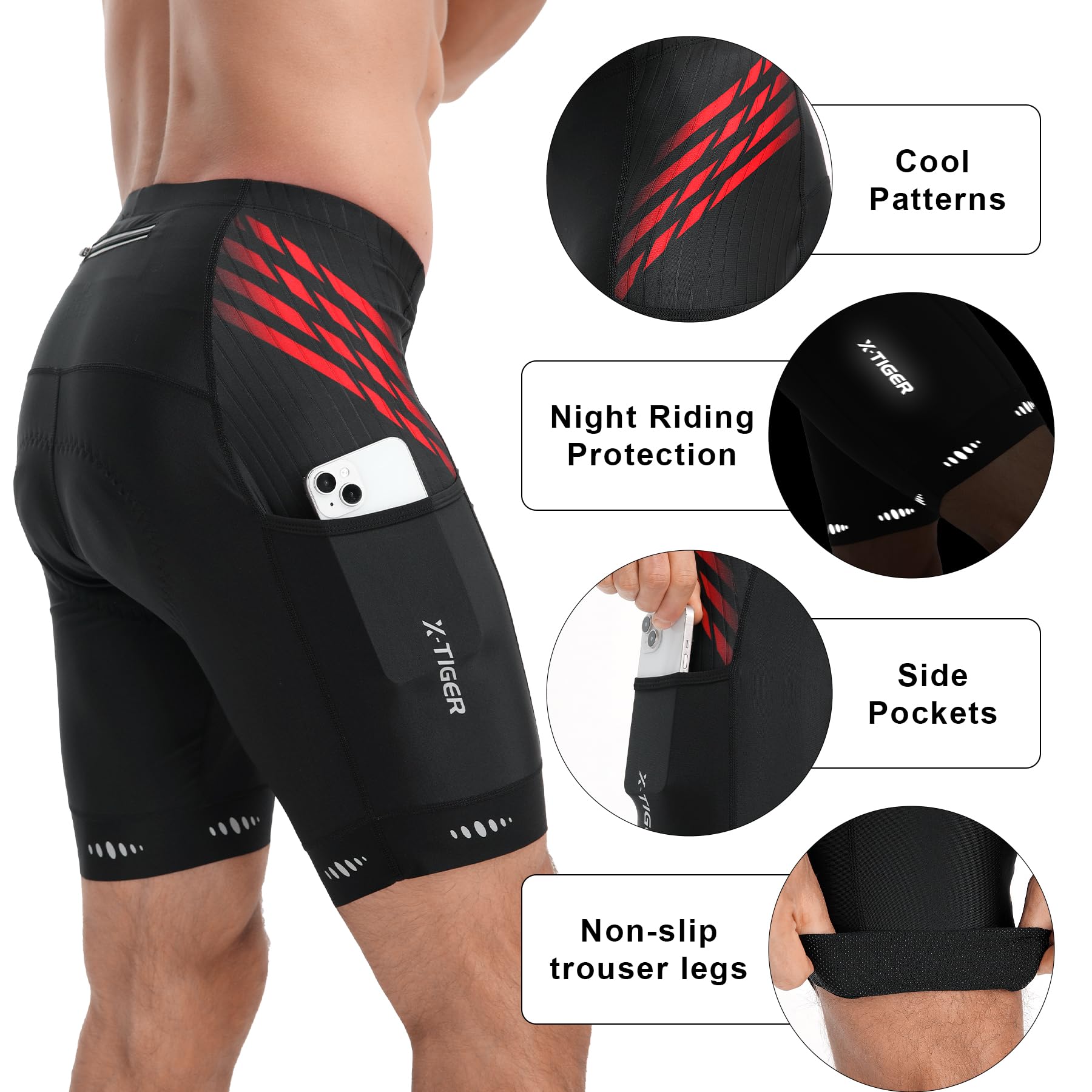 X - TIGER Short Cycliste Homme avec 3 Poches Short VTT Cyclisme Shorts Velo avec Sweat Absorbent Volatility Fast Drying Padded 5D Gel - fitnessterapy