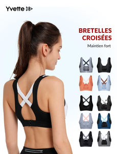 Yvette Soutien Gorge de Sport Femme Dos Croisé Maintien Élevé Grande Taille Brassière sans Armature avec Coussinets Course Tennis Fitness - fitnessterapy