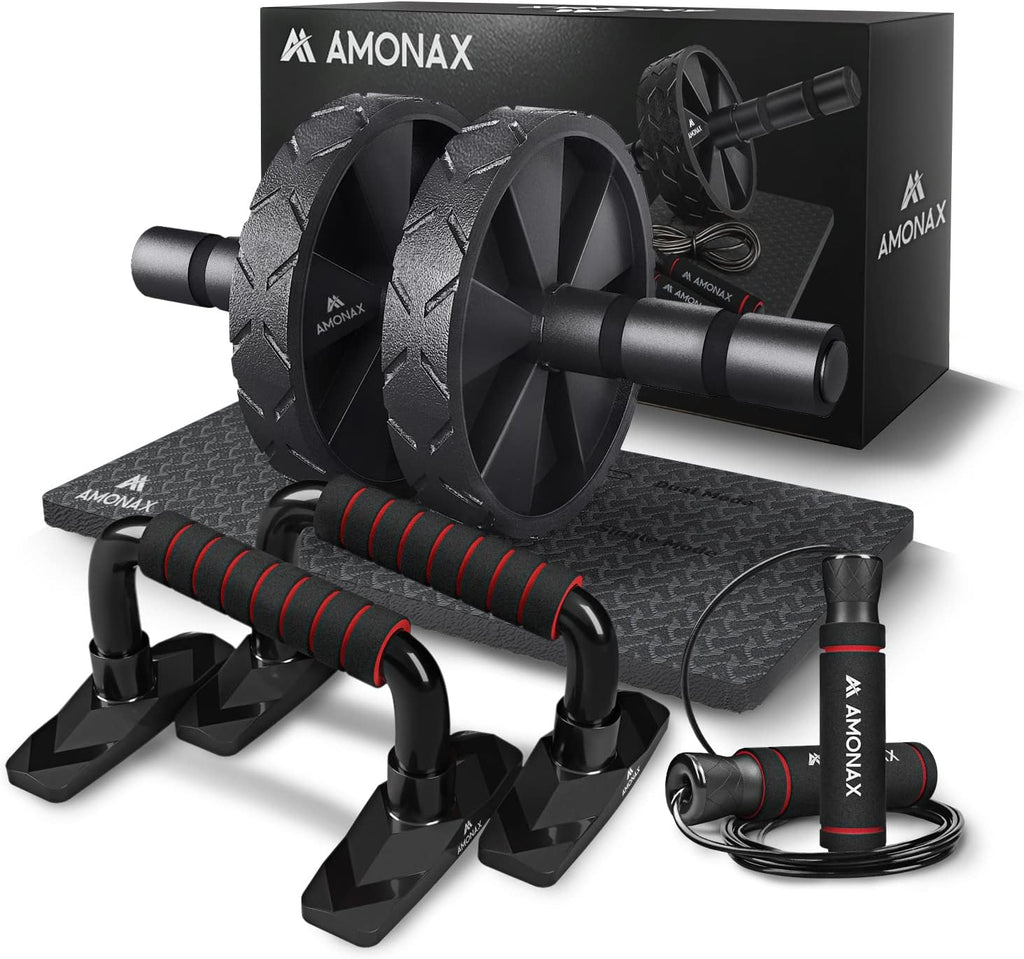 Amonax Gym Equipment for Home Workout (Ab Roller Wheel Set, Skipping Rope, Push-up Handles). Fitness Exercise, Strength Training Equipment for Abs, Weight Loss, Sport Accessories for Men Women - fitnessterapy