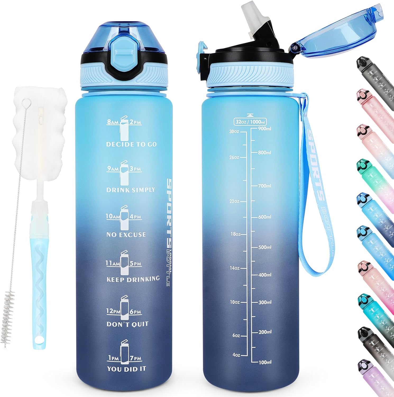 AOHAN Bouteille d'eau de 1 L sans BPA avec paille, passe au lave-vaisselle, couvercle anti-fuite, bouteille d'eau motivante avec marquages de temps, non toxique (Rose-Bleu) - fitnessterapy
