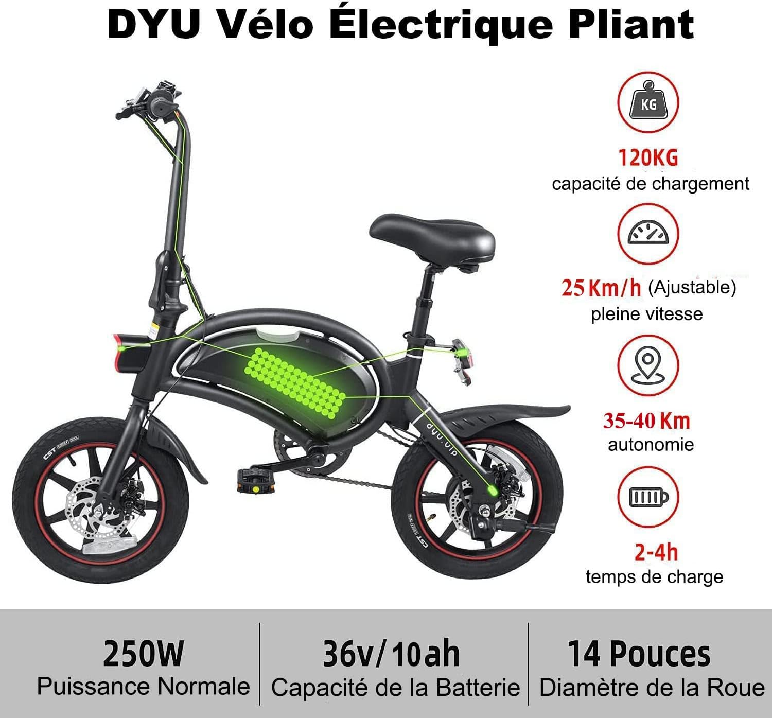 DYU Vélo Électrique Pliable,14 Pouces Vélo Électrique Portable,Smart E-Bike avec 3 Modes de Conduite, Pédalage Assisté, Hauteur Réglable, Portable Compact, Adulte Unisexe - fitnessterapy