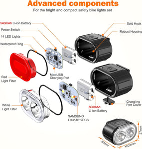 Lumiere Velo Ensemble, Eclairage Velo a LED Puissant Kit, Lampe Velo IPX5 Etanche Feux de Vélo Rechargeables par USB, Lumière Velo Route Avant et Arrière pour Hommes et Femmes Enfant 4/6 Modes - fitnessterapy