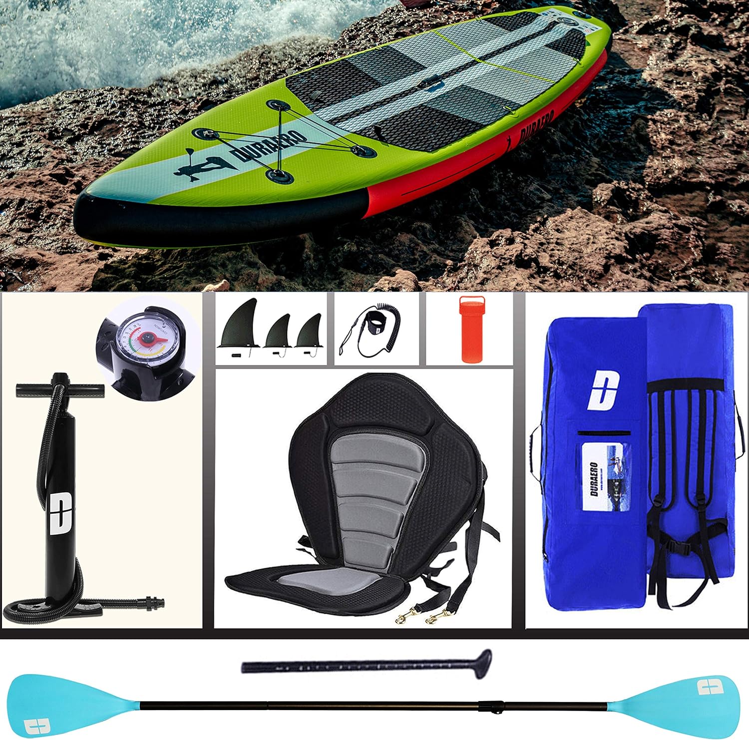 Planche de paddling Stand up paddling SUP - Siège kayak - 330 x 76 x 15 cm - Jusqu'à 150 kg - Coussinet intégré - 3 Finlandais - Double pagaie réglable - Accessoires complets - fitnessterapy