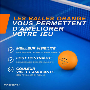 PRO SPIN Balles de Ping-Pong - Blanches/Orange 3 Étoiles 40+ Balles Ping Pong | Balles ABS | Durabilité Optimale pour Tables de Ping Pong Intérieur, Extérieur, Les Compétitions, Les Matchs - fitnessterapy