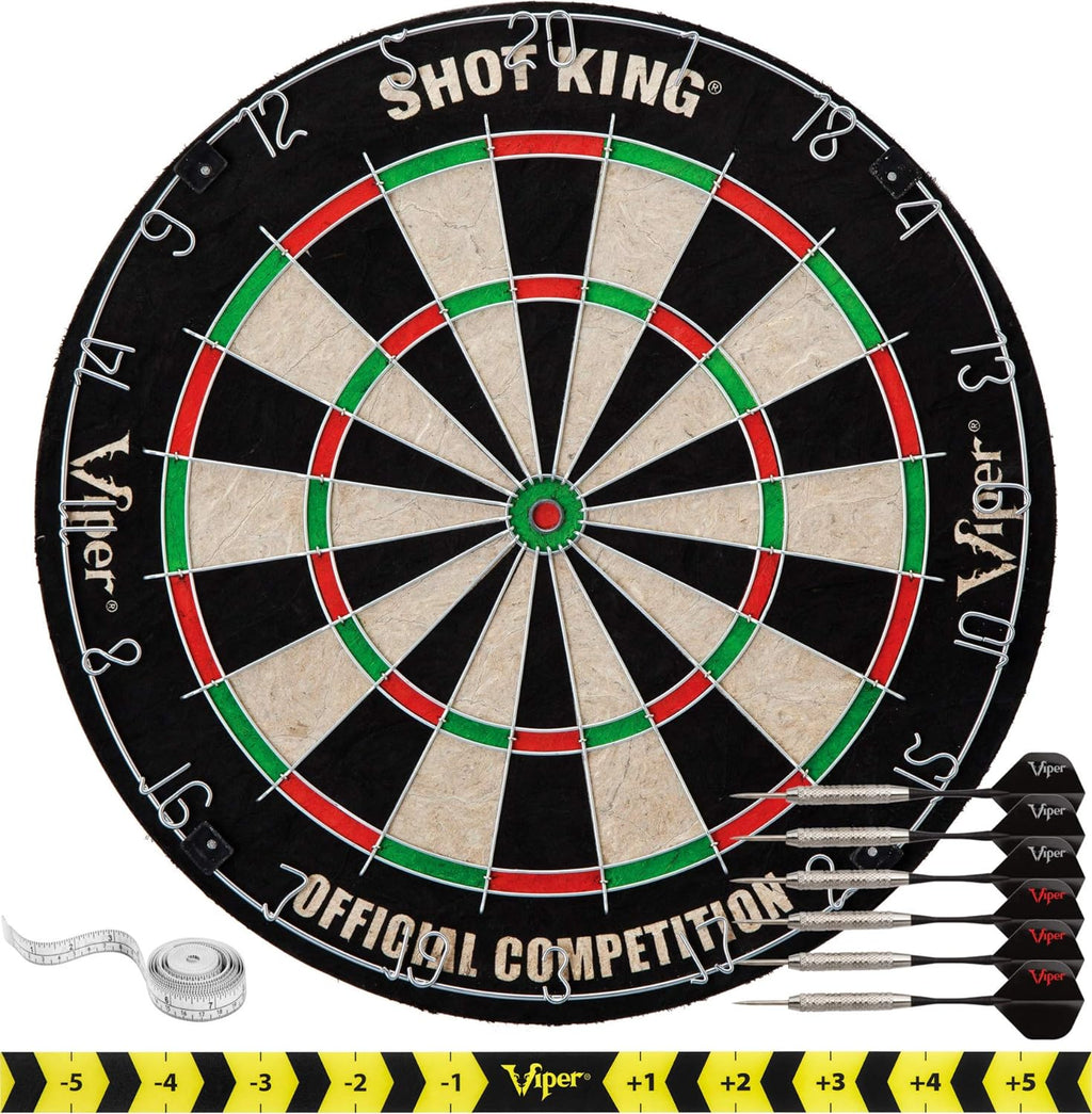 Shot King Cible de fléchettes réglementaire en poils d'acier avec Bullseye sans agrafes, fil d'araignée radial en métal galvanisé avec 6 fléchettes, noir, 45,1 cm - fitnessterapy