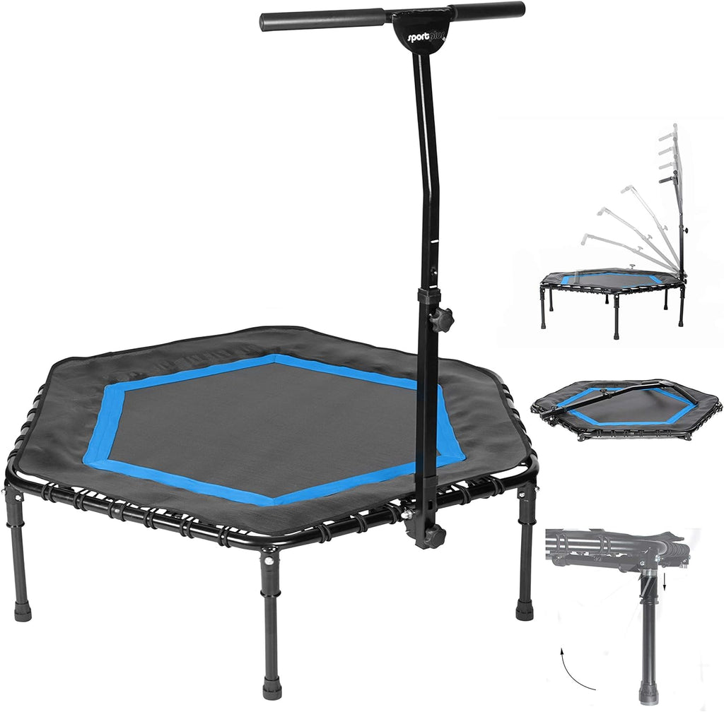 SportPlus Trampoline intérieur, avec Barre de Maintien (réglable en Hauteur 5 Niveaux), supension Souple en Corde élastique, très Silencieux & Max 130 kg - fitnessterapy